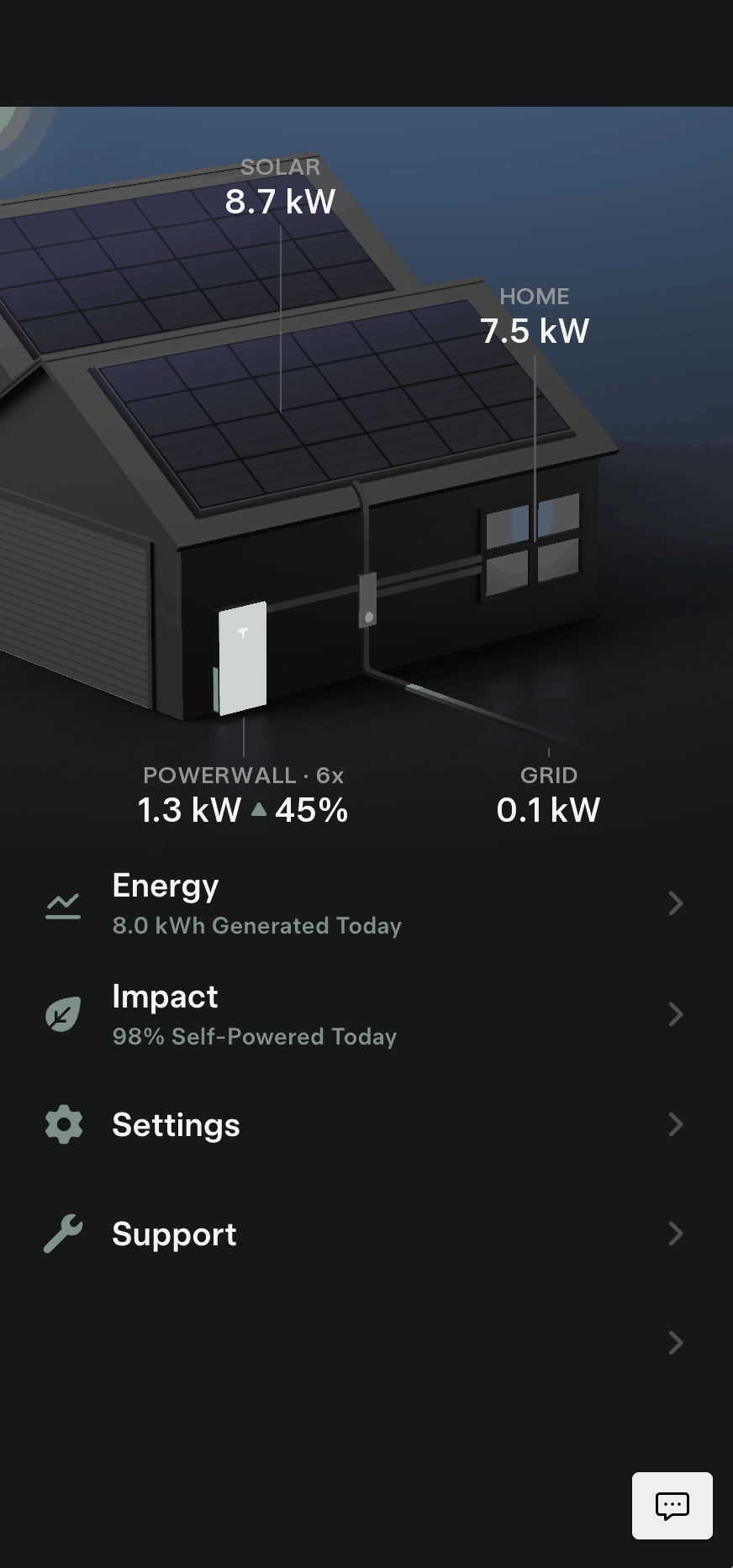 Tesla app screen showing Powerwall system status and energy flow