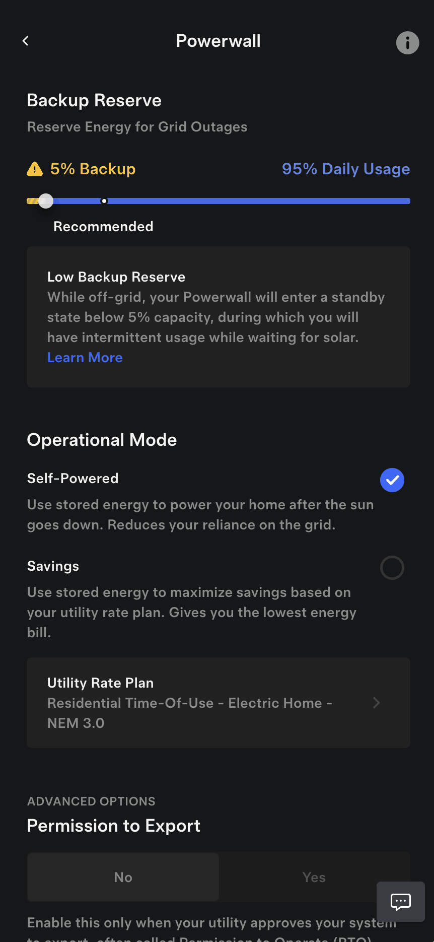 Tesla app screen showing Backup Reserve and operational mode settings